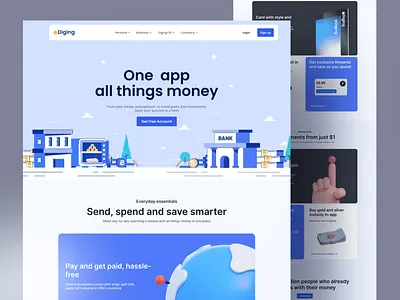 Diging - Simple Landing Page for Digital Banking 3d app banking best design business digital bank finance website fintech illustration landing page minimal design modern ui money online bank simple tansfer ui ux webdesign