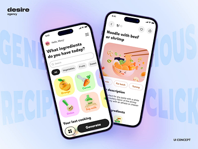 Recipe App android animation branding cooking dashboard design desire agency food foodtech graphic design illustration ios logo mobile mobile ui motion motion graphics recipe ui