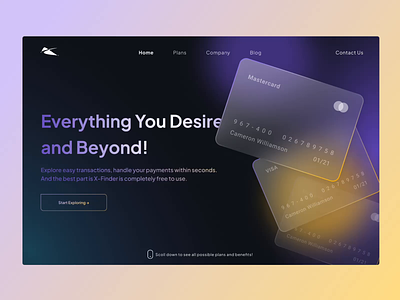 X-Finder Landing Page animation card color credit credit card design fintech glassmorphizm home landing page light micro animation minimal motion scroll scrolling ui user interface ux web