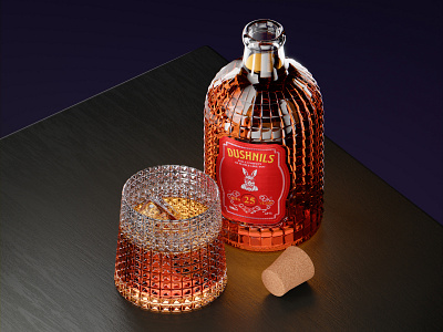 Dushnils 25 2d 3d 3dart blender bottle branding cgi design glass ice illustration logo modeling render table web whiskey whisky