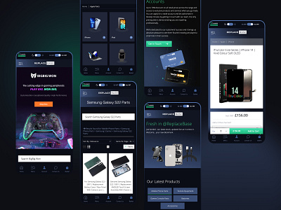 Replacebase - Mobile UI Design for Mobile Parts accessories dark ui figma ui minimal clean mobile laptop mobile ui phone repair products shop spare parts uiux