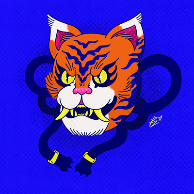 Tiger Bro 🥊🐯 cat character culture cute dangerous digital art illustration japan japan style mask procreate tattoo tiger