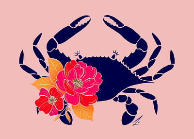 Blue Crab Floral animal art blue bluecrabs branding design designer flowers homedecor illustration pink print wallart