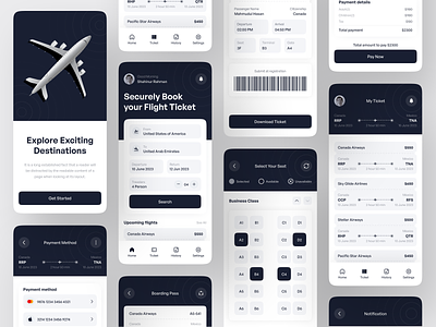 Flight Tickets Booking Mobile App airport boarding booking booking app flight flight search graphic design interface landing page mobile app online booking popular design public transport schedule shahinurstk02 startup ticket app ticket application tickets uiux design