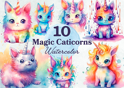 Magic Rainbow Caticorns Watercolor PNG caticorn clipart illustration kitty magic png unicorn watercolor