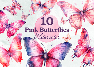 Pink Fantasy Butterflies Watercolor butterflies butterfly clipart illustration magic pink png watercolor
