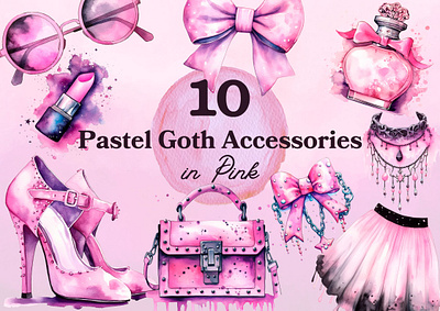 Pastel Goth Accessories Watercolor Pack accessories clipart girly things illustration pink png watercolor