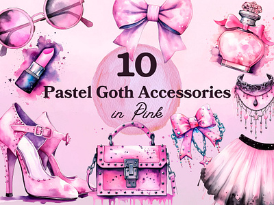 Pastel Goth Accessories Watercolor Pack accessories clipart girly things illustration pink png watercolor