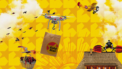 Gold Star - Drone Delivery animation basket birds brand chili collage delivery drone food fun funky gold star chili hand mixed media motion graphics orange order peel star yellow