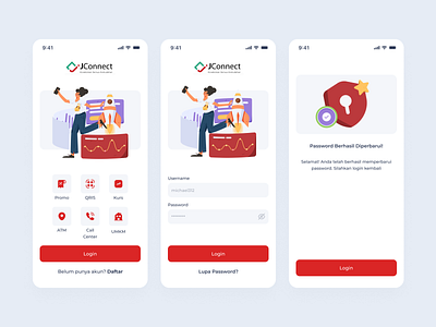 JConnect - Mobile Banking App bank banking changepassword illustration login mobile mobileapp mobilebanking mobiledesign red register uidesign uiuxdesignapp