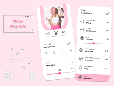 Music PlayList app application design graphic design illustration music music playlist pink play list playlist track ui