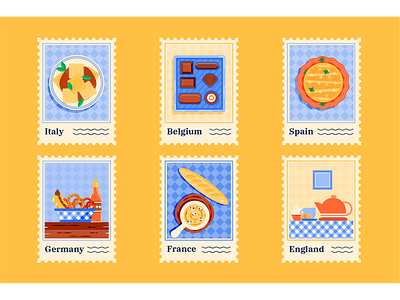 National characteristic dishes, traits and flowers colorful design flat food illustration stamps