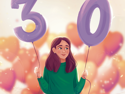 Thirty, Flirty and Thriving! balloon birthday celebration character confetti drawing flirty girl hair happy heart illustration number party pretty sweater texture thriving vector woman