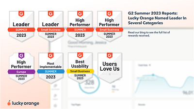 Summer 2023 G2 Category Leader analytics awards conversion rate optimization conversion tips cro design g2 heatmaps leader lucky orange performance research saas session replay small business ui ux web design website design winner