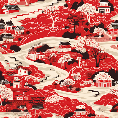 Crimson Countryside art asian country design digital art illustration japan japanese art japanese digital art landscape red