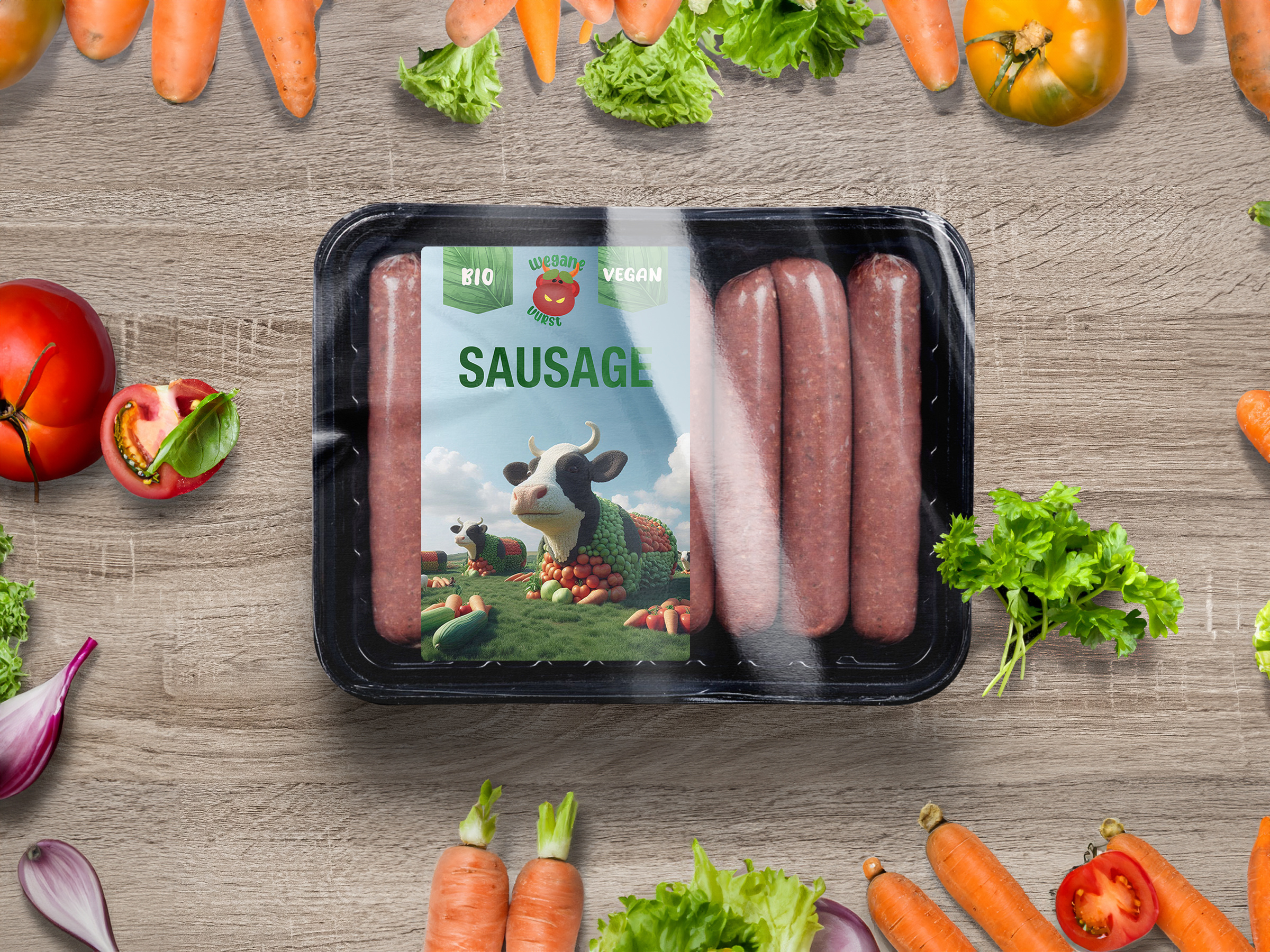 Logo "Wegane Vurst" bio brand branding design green logo red sausage vegan vegetables