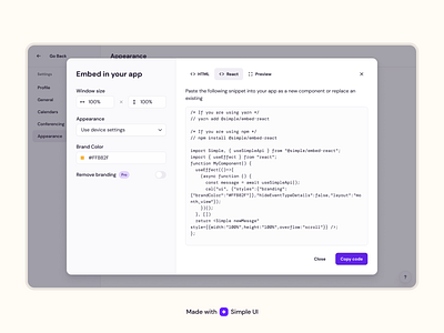 Embed - Simple UI branding code design embed product design settings simpleui snippet startup tabs ui ux