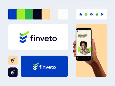 Finveto I Brand Identity🎨 app app logo blue logo brand design branding business checkmark f logo graphic design icons inventory logo management minimal online store smbs store tick