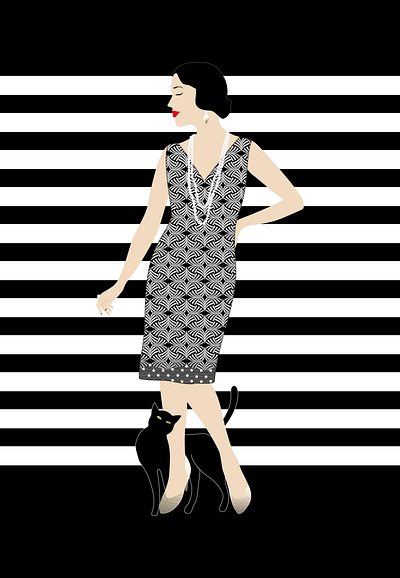 Art deco woman with black cat ill illustration pattern vactor art