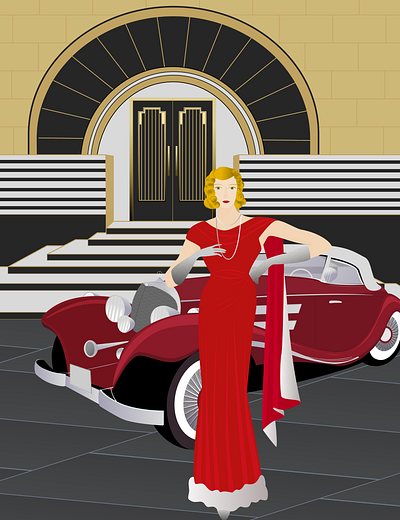 Art deco woman with vintage car illustration vector vector art