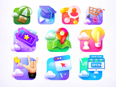 Icons package. bulb design flat hat icon illustration ios ios icon iphone iphone icon logo map parachute pin rock school shopping ticket tunder ui
