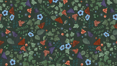 Night In Secret Garden Surface Pattern Design animals apparel botanical butterflies fabric art floral design illustration pattern design stationery surface pattern design textile print