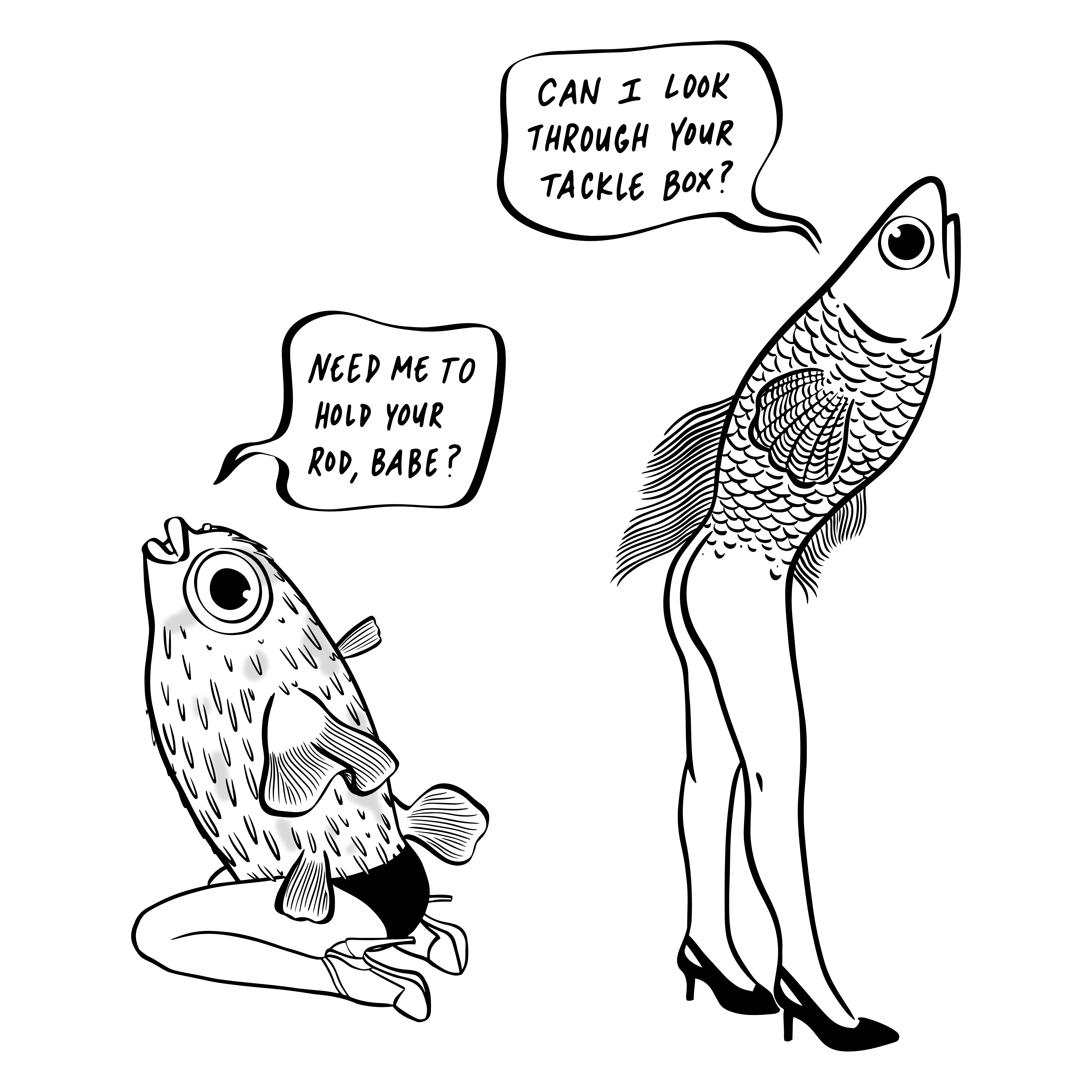 Reverse Mermaids black and white drawing fish fishing hand drawn hand drawn type handdrawn illustration ladies mermaid pun puns reverse mermaid sexy women