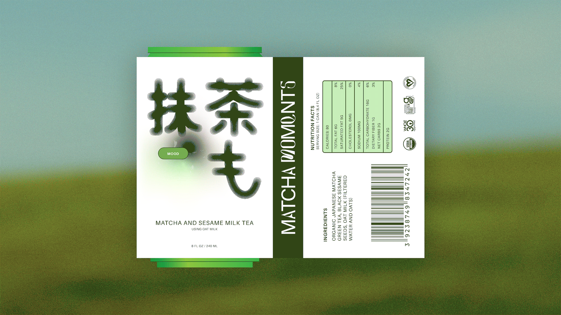 Matcha Moments Canned Packaging beverage brand brand design brand strategy branding can design design drink brand graphic design logo minimal packaging product design typography