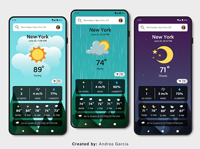 Weather App Concept app cell phone climate cloudy design forecast graphic design humidity illustration ios night rainy sunny temperature ui user experience ux vector weather weatherapp