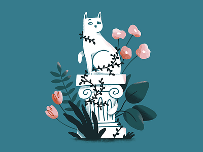 Cat Statue cat digital illustration flowers garden illustration plants procreate statue