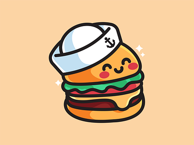 Berger with sailor hat beef burger character cute design dribbble fast food hamburger hat illustration junk food kawaii mascot meat sailor sandwich snack vector