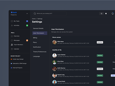 Settings page- Dash's Design System [User permission] Dark mode branding design setting settings page table ui uidesign user inteface user permission userexperience