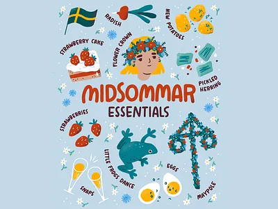 Midsommar Essentials celebration digital illustration flower crown food frog illustration maypole midsommar midsummer procreate strawberry summer sverige sweden