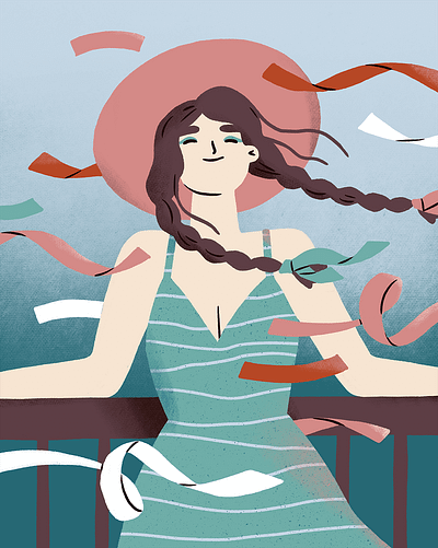 Breezy Portrait breeze character digital illustration female girl happy hat illustration procreate ribbons wind woman