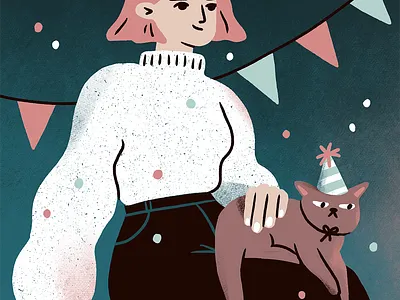 Grumpy Birthday Cat birthday cat celebration character digital illustration girl grumpy illustration pet portrait procreate