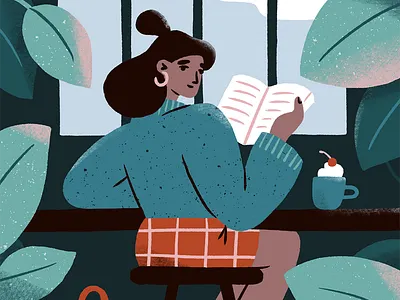 In a Cafe book cafe character coffee coffeeshop digital illustration female girl illustration portrate procreate reading woman