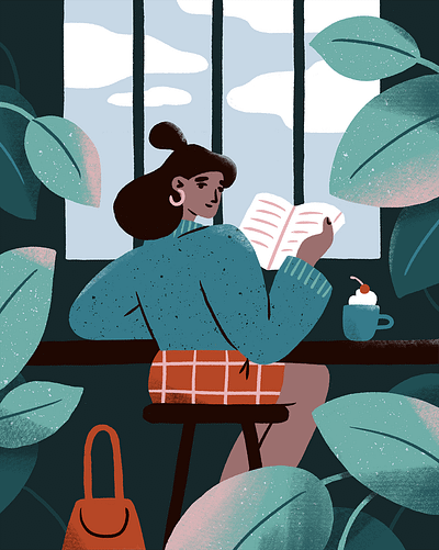 In a Cafe book cafe character coffee coffeeshop digital illustration female girl illustration portrate procreate reading woman