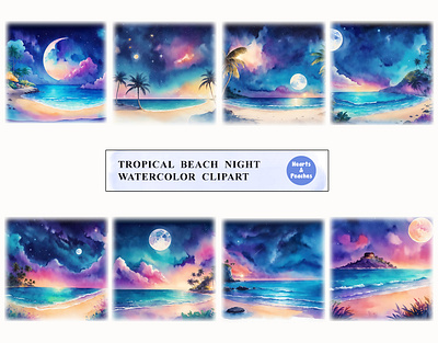 Tropical Beach Night Watercolor Clipart Bundle beach clipart design digital art digital download graphic design night sky illustrations png summer summer beach clipart tropical beach night watercolor tropical moonlit ocean tropical night scene art watercolor watercolor beach clipart watercolor beach elements watercolor clipart bundle watercolor galaxy night watercolor moon and stars watercolor sea beach