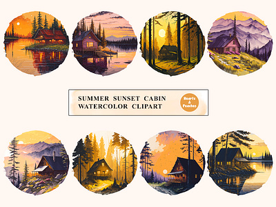 Summer Sunset Cabin Watercolor Clipart Bundle clipart clipart bundle design digital art digital download golden hour graphic design illustration lake cabin mountain cabin mountain sunset nature retreat clipart bundle png summer summer cabin summer vacay sunset sunset cabin watercolor watercolor clipart bundle