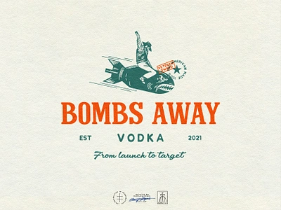 Bombs Away Vodka alcohol brand design brand identity branding branding design cowboy creative creative logo hand drawn illustration liquor logo logo design military red retro shark typography vintage visual identity