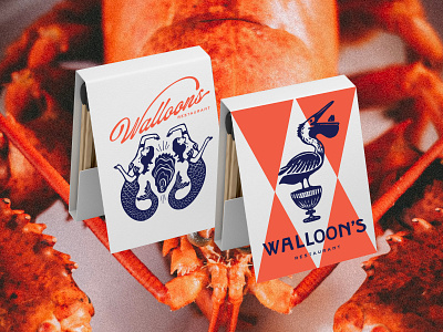 Walloon's Branding - Matchboxes americana brand branding design fort worth graphic design illustration lobster logo mermaid navy orange oyster pelican restaurant script seafood walloons woman