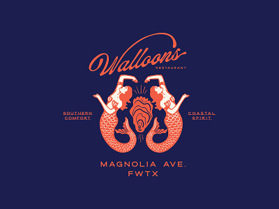Walloon's Restaurant Branding americana brand branding custom design graphic design illustration inking lineart logo magnolia mermaids navy orange oyster restaurant script seafood typography visual identity