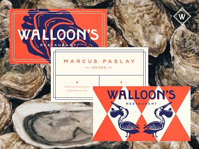 Walloon's Restaurant Branding - Business Cards americana bar brand branding design fish foodie graphic design identity illustration logo mermaid navy orange oyster pelican restaurant seafood shrimip walloons