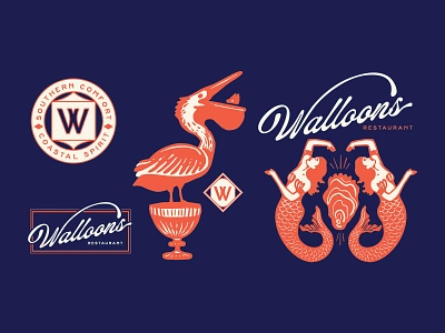 Walloon's Restaurant Branding americana bird brand branding custom design fort worth graphic design identity illustration logo mermaid orange pelican restaurant script seafood seal typography walloons