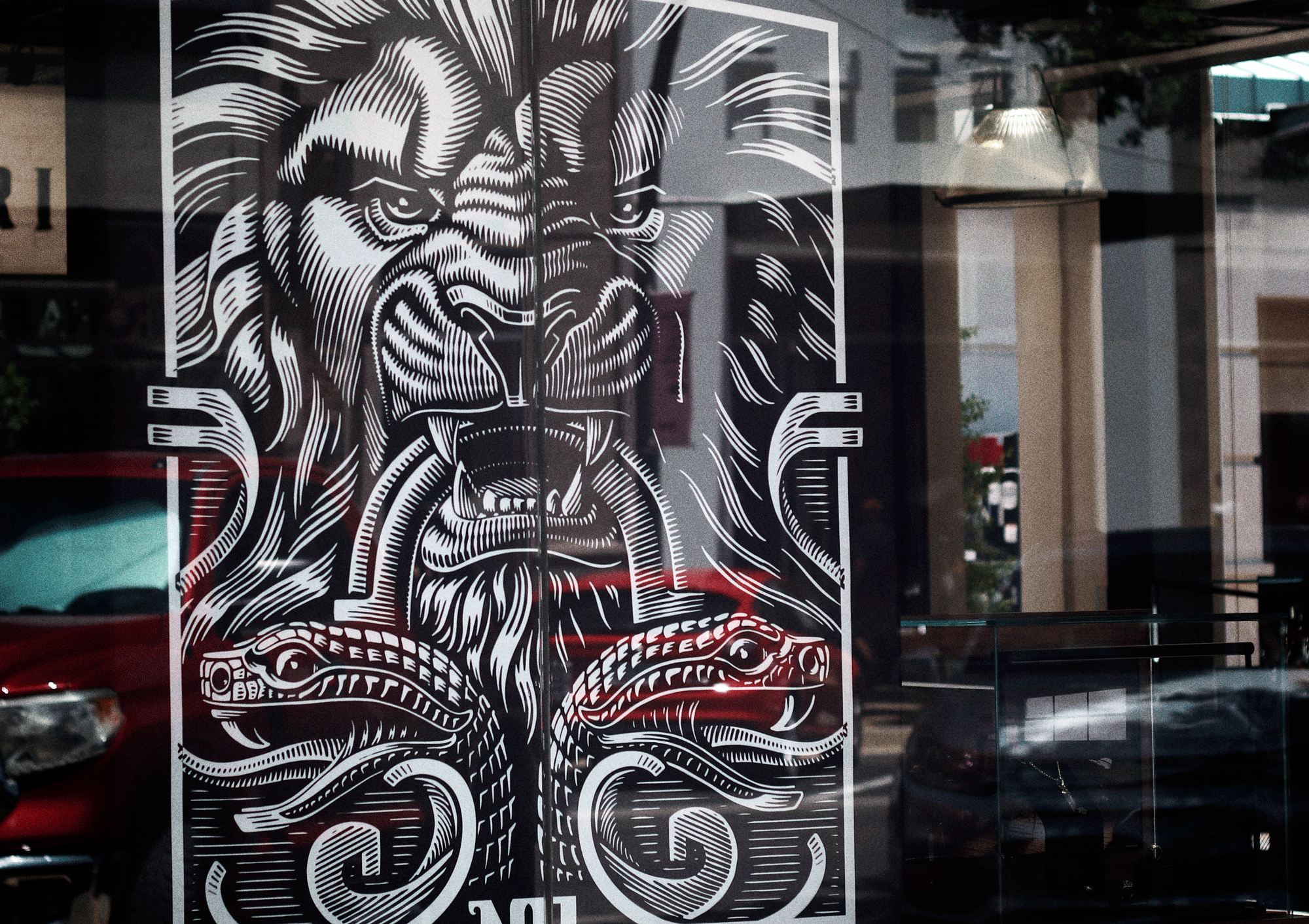 Guardian window illustration at Nightrider Jewelry design hand drawn illustration lion snake vector woodcut