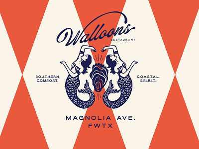 Walloon's Restaurant Branding americana bar brand branding custom design drawing fort worth graphic design illustration logo mermaid orange oyster pelican restaurant script seafood typography walloons