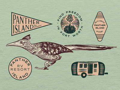 Panther Island RV Resort Branding airstream americana bird brand branding custom design drawing etching fort worth graphic design illustration logo panther island resort roadrunner rv travel typography yucca