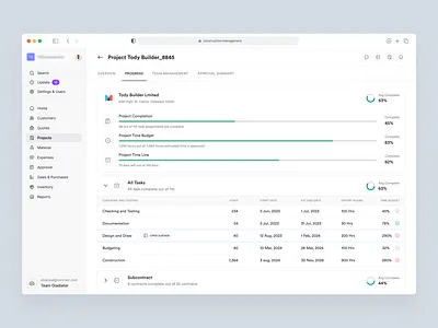 Project Progess - Construction Management SaaS Web App complex webapp construction construction management construction plan estimate metarial minimal progress project project management real estate sass status task time plan ui ux web app
