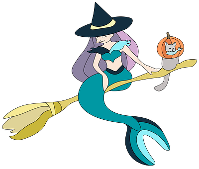 The mermaid witch. Halloween theme artist broom cat design graphic design halloween hand drawing illustration illustrator mermaid pumpkin ui witch волшебный