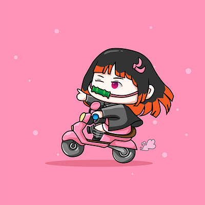 Nezuko ride a vespa branding charakter chibi design graphic design illiustration vekctor vespa